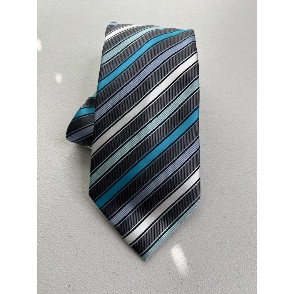 Alexander Julian Colours Gray, Blue Striped Pattern Handmade Tie NWOT